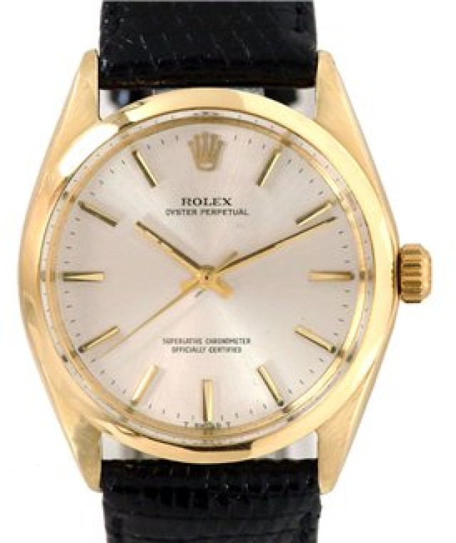 Rolex 1005 Yellow Gold on Strap, Smooth Bezel Steel with Gold Index